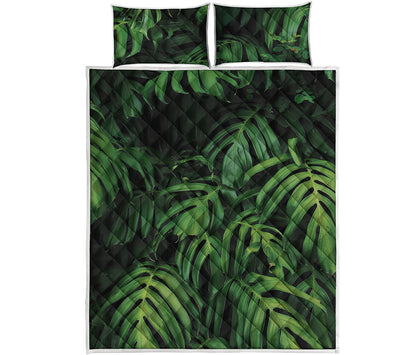 Green Monstera Leaf Print Quilt Bed Set
