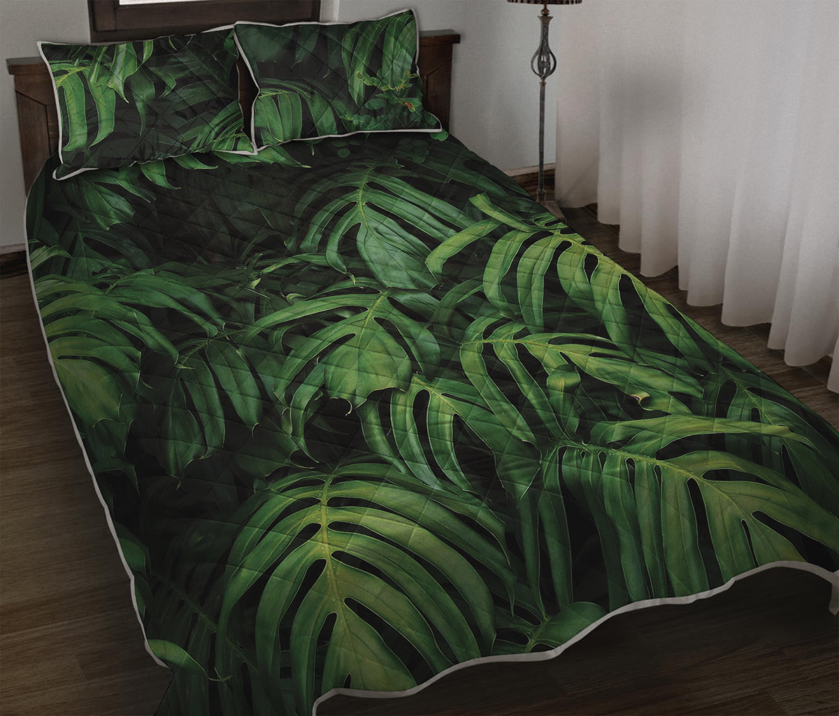 Green Monstera Leaf Print Quilt Bed Set