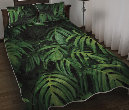 Green Monstera Leaf Print Quilt Bed Set