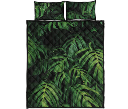 Green Monstera Leaf Print Quilt Bed Set