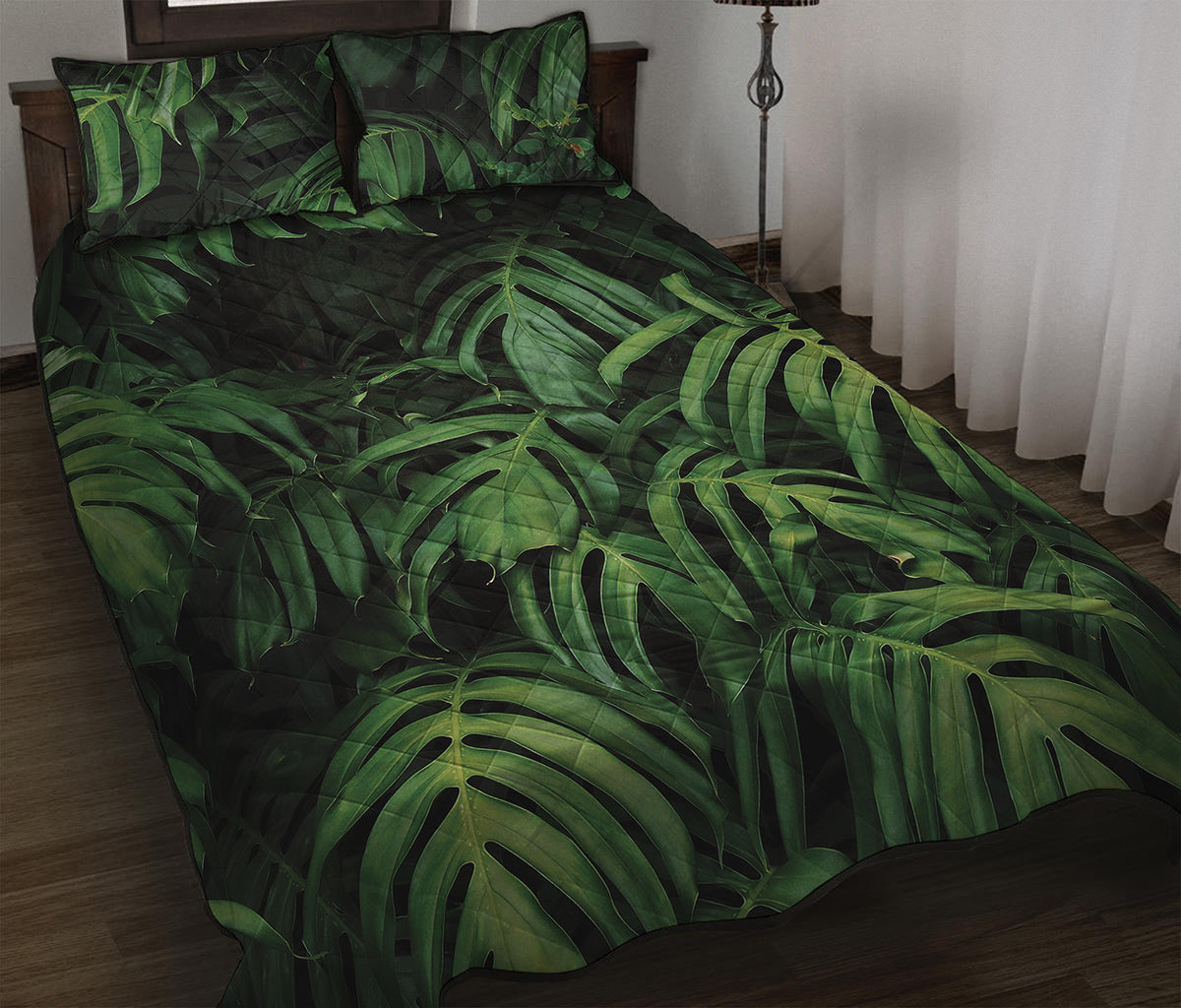 Green Monstera Leaf Print Quilt Bed Set
