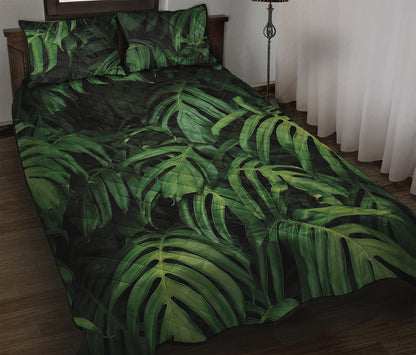 Green Monstera Leaf Print Quilt Bed Set