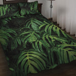 Green Monstera Leaf Print Quilt Bed Set