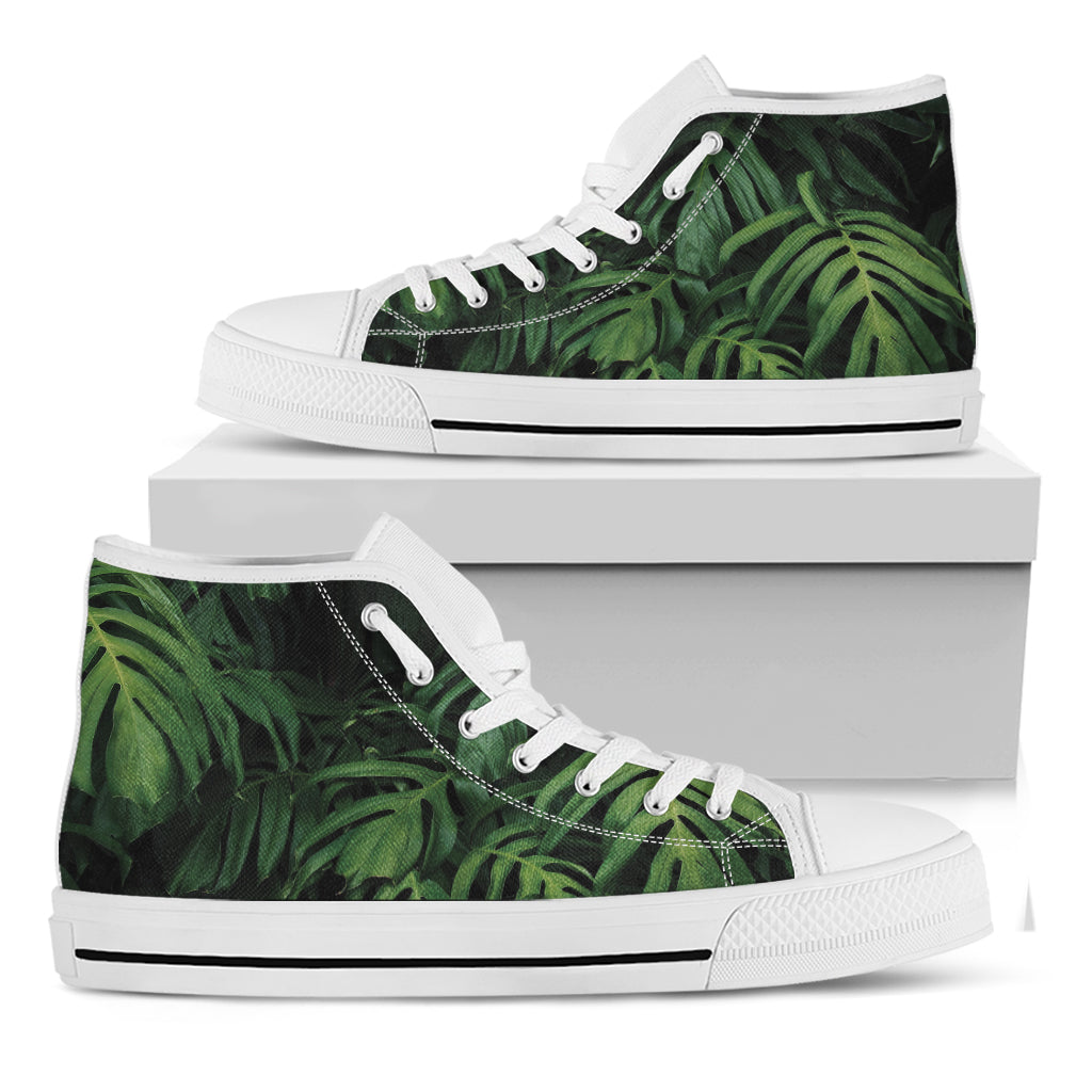 Green Monstera Leaf Print White High Top Shoes