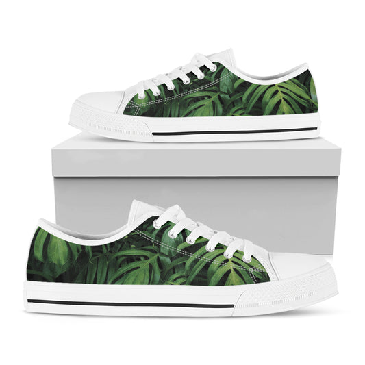 Green Monstera Leaf Print White Low Top Shoes