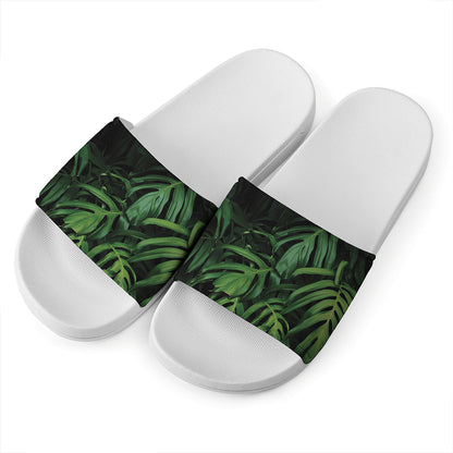 Green Monstera Leaf Print White Slide Sandals