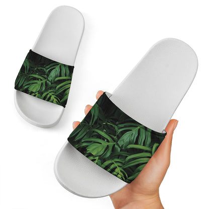 Green Monstera Leaf Print White Slide Sandals