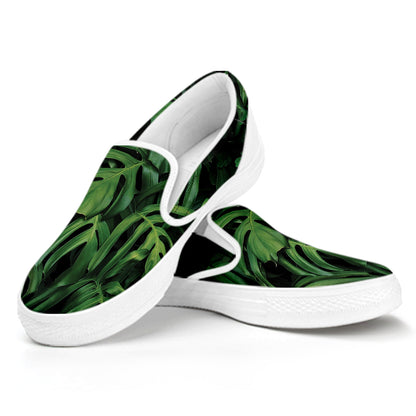 Green Monstera Leaf Print White Slip On Shoes