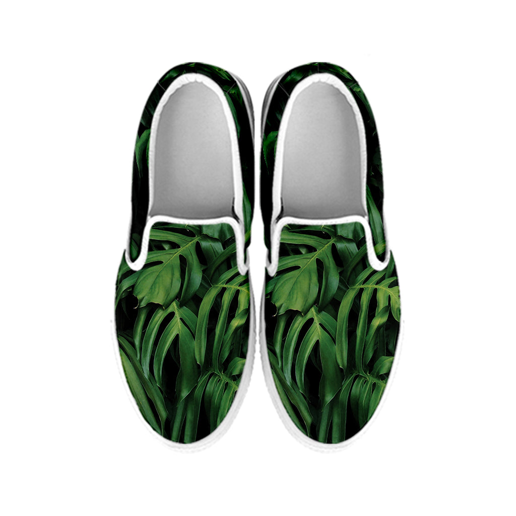 Green Monstera Leaf Print White Slip On Shoes