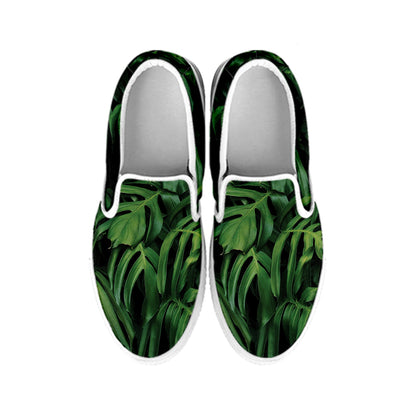 Green Monstera Leaf Print White Slip On Shoes