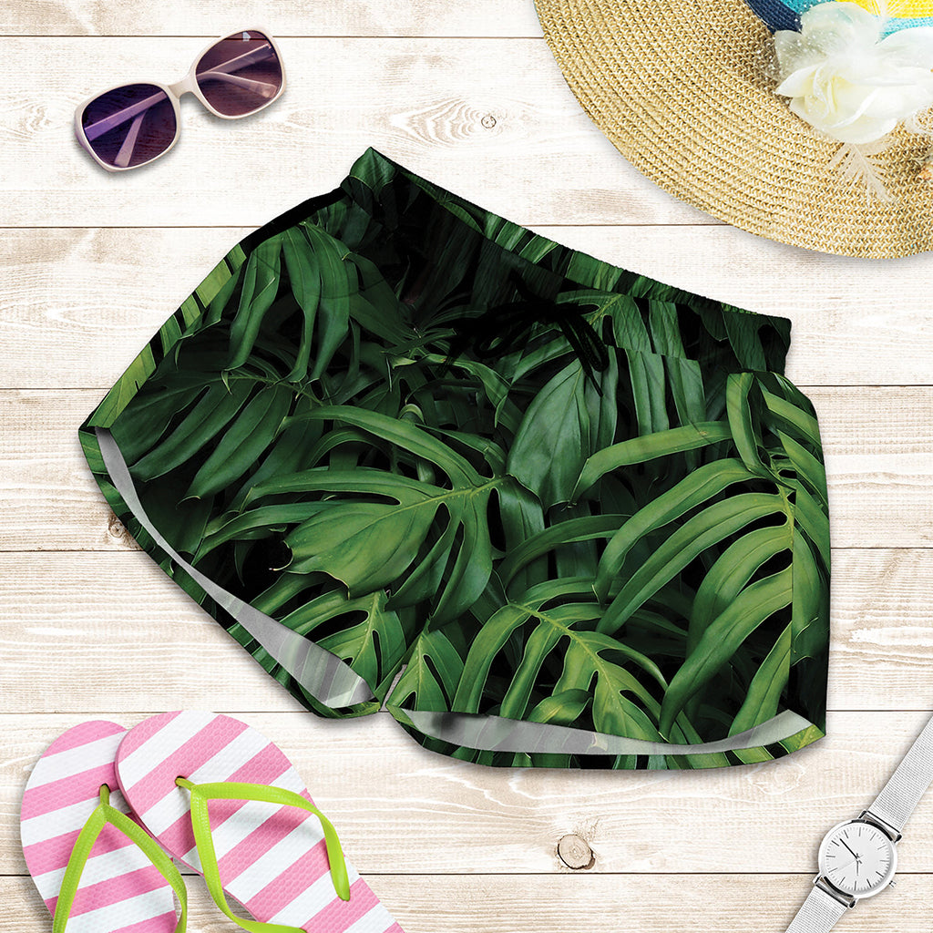 Green Monstera Leaf Print Women's Shorts