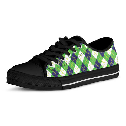Green Navy And White Argyle Print Black Low Top Shoes