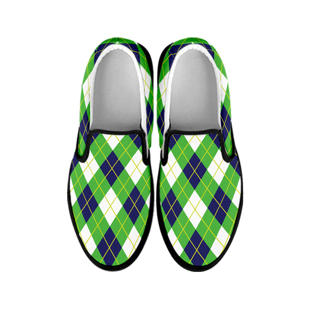 Green Navy And White Argyle Print Black Slip On Shoes