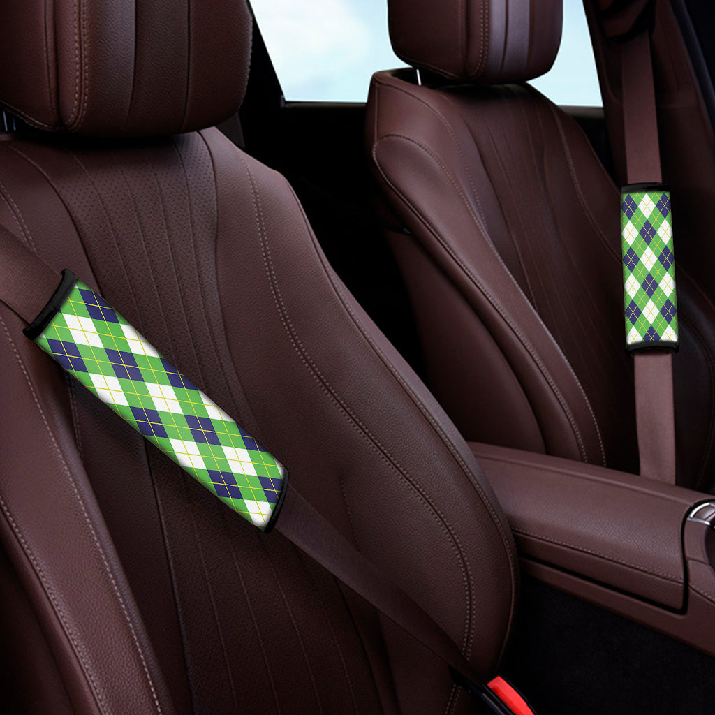 Green Navy And White Argyle Print Car Seat Belt Covers
