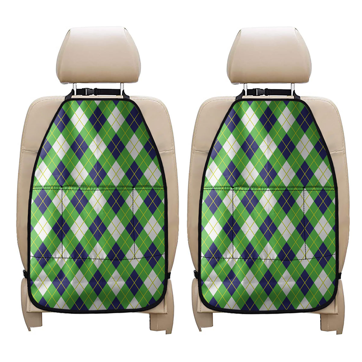Green Navy And White Argyle Print Car Seat Organizers
