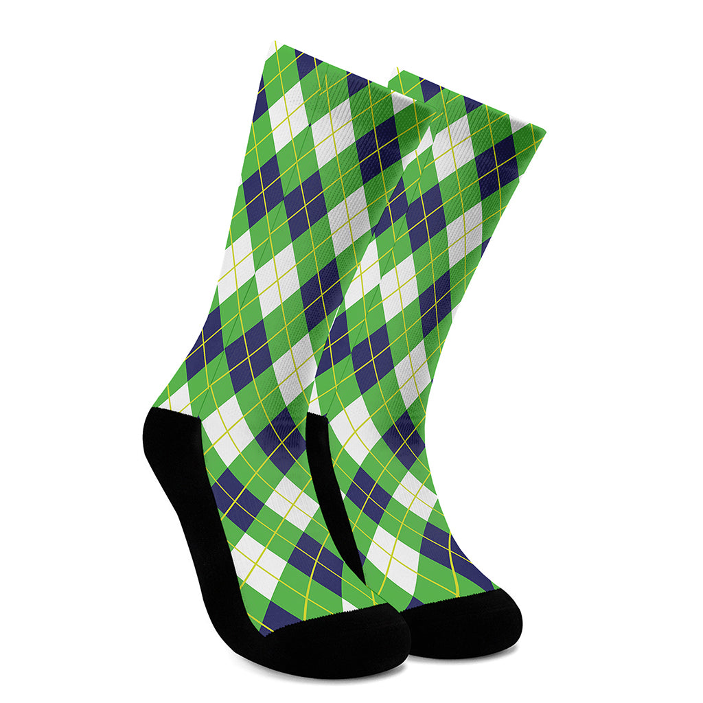Green Navy And White Argyle Print Crew Socks