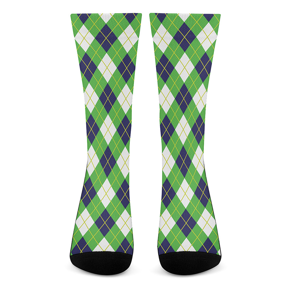 Green Navy And White Argyle Print Crew Socks