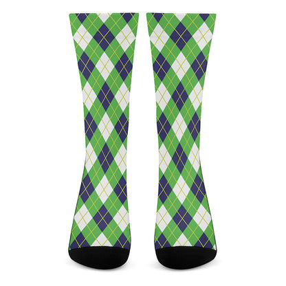 Green Navy And White Argyle Print Crew Socks