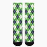 Green Navy And White Argyle Print Crew Socks