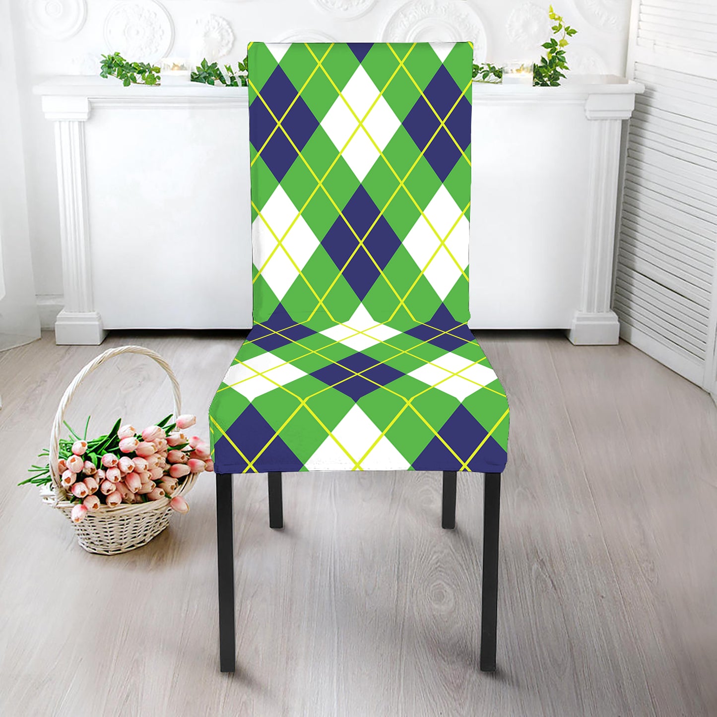 Green Navy And White Argyle Print Dining Chair Slipcover