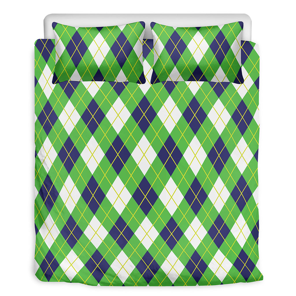 Green Navy And White Argyle Print Duvet Cover Bedding Set