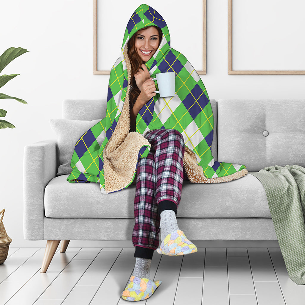 Green Navy And White Argyle Print Hooded Blanket