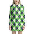 Green Navy And White Argyle Print Pullover Hoodie Dress