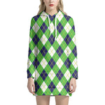 Green Navy And White Argyle Print Hoodie Dress