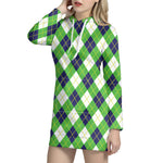 Green Navy And White Argyle Print Hoodie Dress
