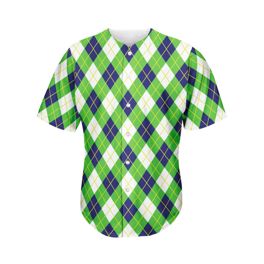 Green Navy And White Argyle Print Men's Baseball Jersey
