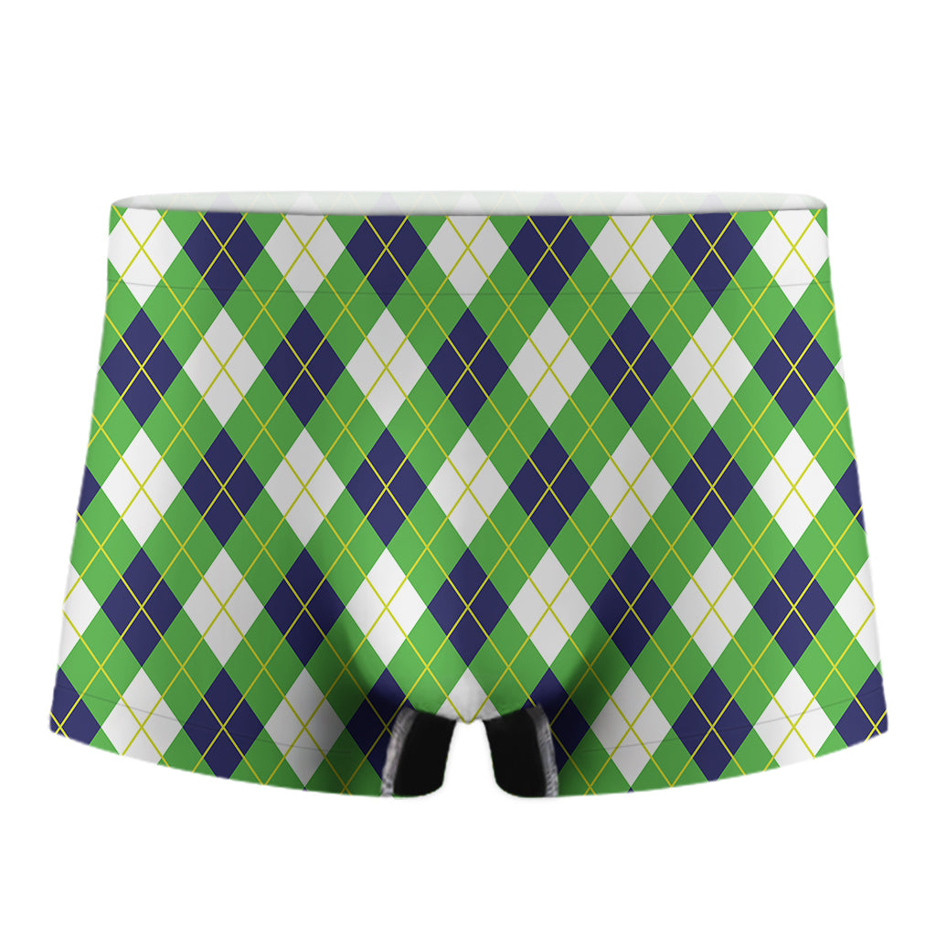 Green Navy And White Argyle Print Men's Boxer Briefs