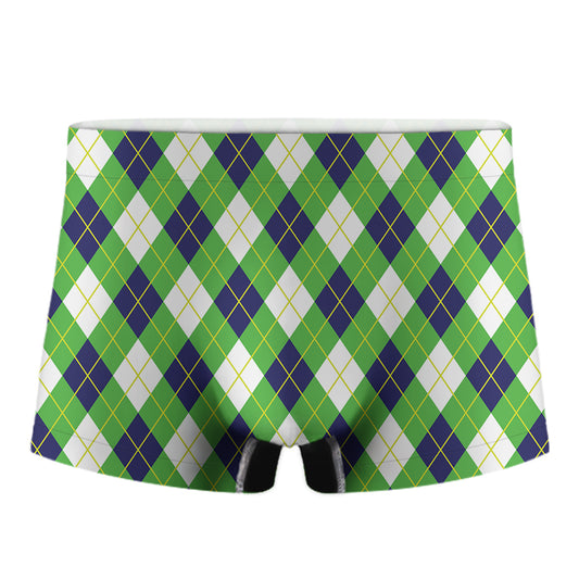 Green Navy And White Argyle Print Men's Boxer Briefs