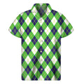 Green Navy And White Argyle Print Men's Short Sleeve Shirt