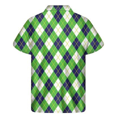 Green Navy And White Argyle Print Men's Short Sleeve Shirt