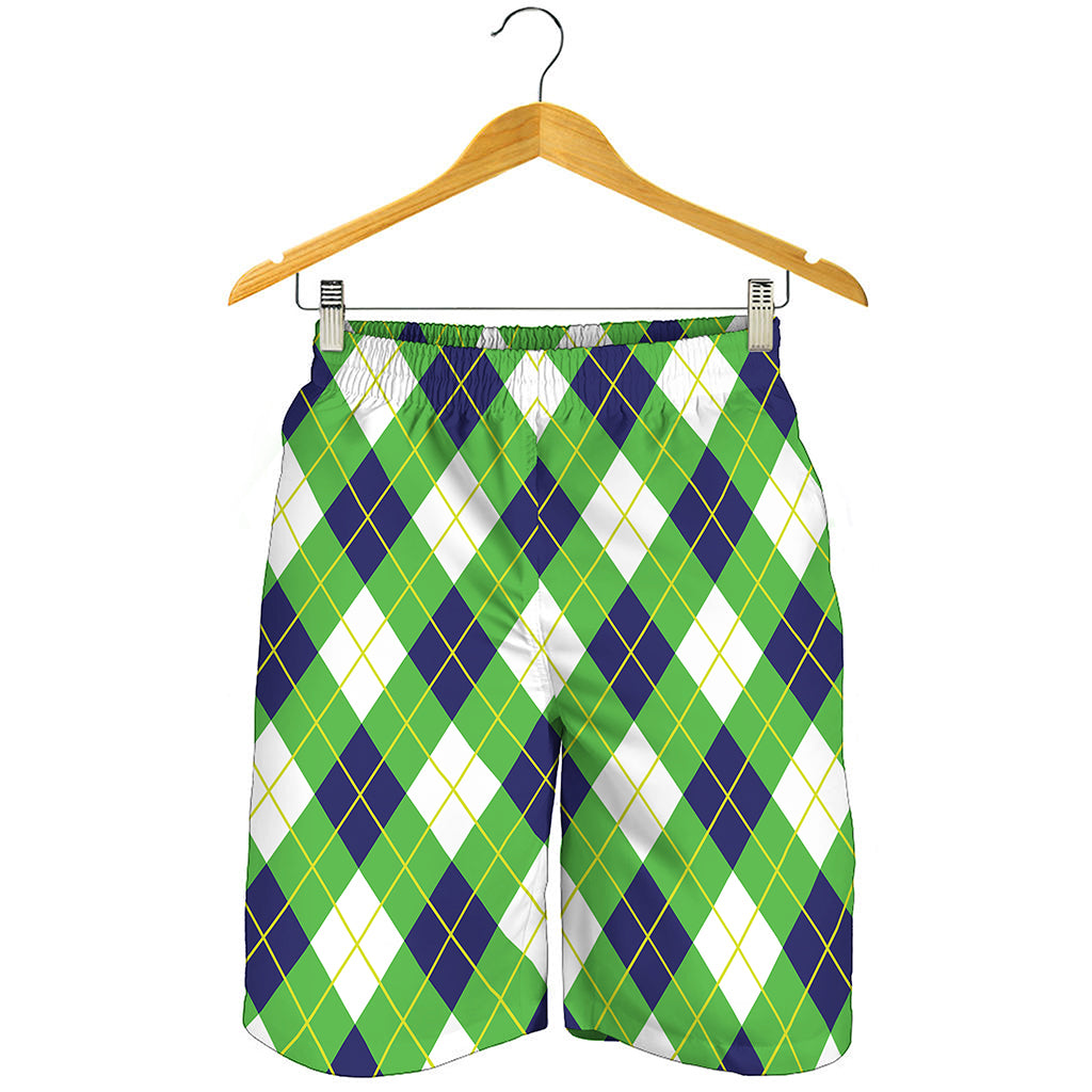 Green Navy And White Argyle Print Men's Shorts