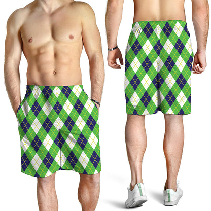 Green Navy And White Argyle Print Men's Shorts
