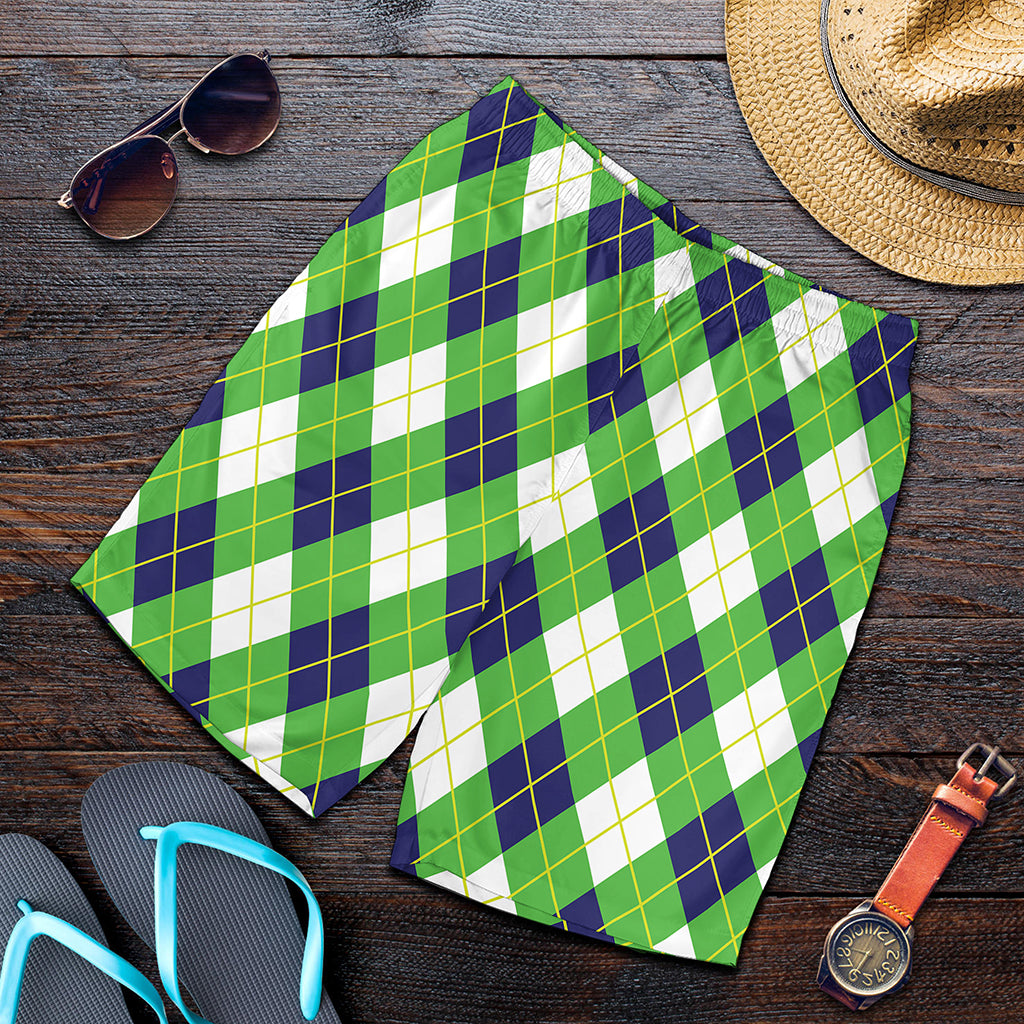 Green Navy And White Argyle Print Men's Shorts