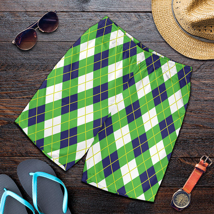 Green Navy And White Argyle Print Men's Shorts