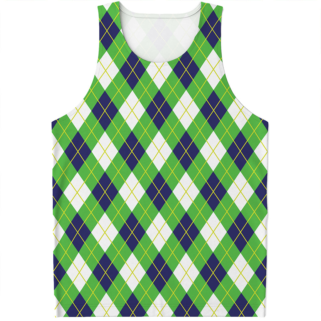 Green Navy And White Argyle Print Men's Tank Top