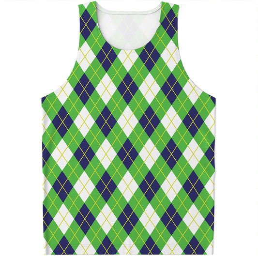 Green Navy And White Argyle Print Men's Tank Top