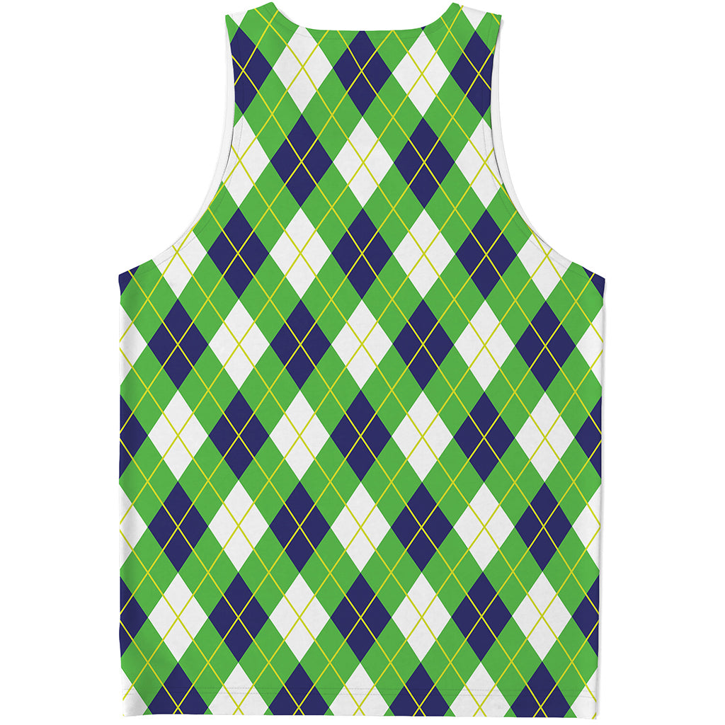 Green Navy And White Argyle Print Men's Tank Top