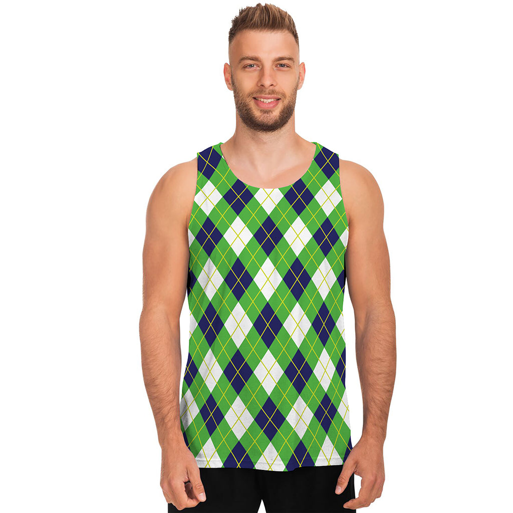 Green Navy And White Argyle Print Men's Tank Top