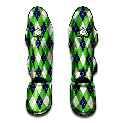 Green Navy And White Argyle Print Muay Thai Shin Guard