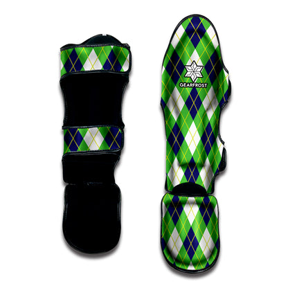 Green Navy And White Argyle Print Muay Thai Shin Guard