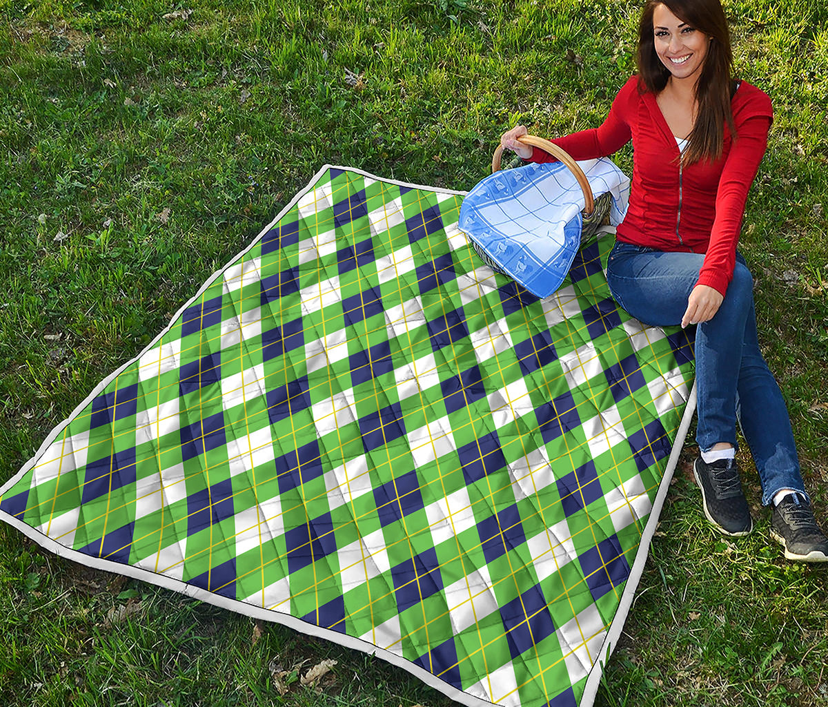 Green Navy And White Argyle Print Quilt