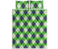 Green Navy And White Argyle Print Quilt Bed Set