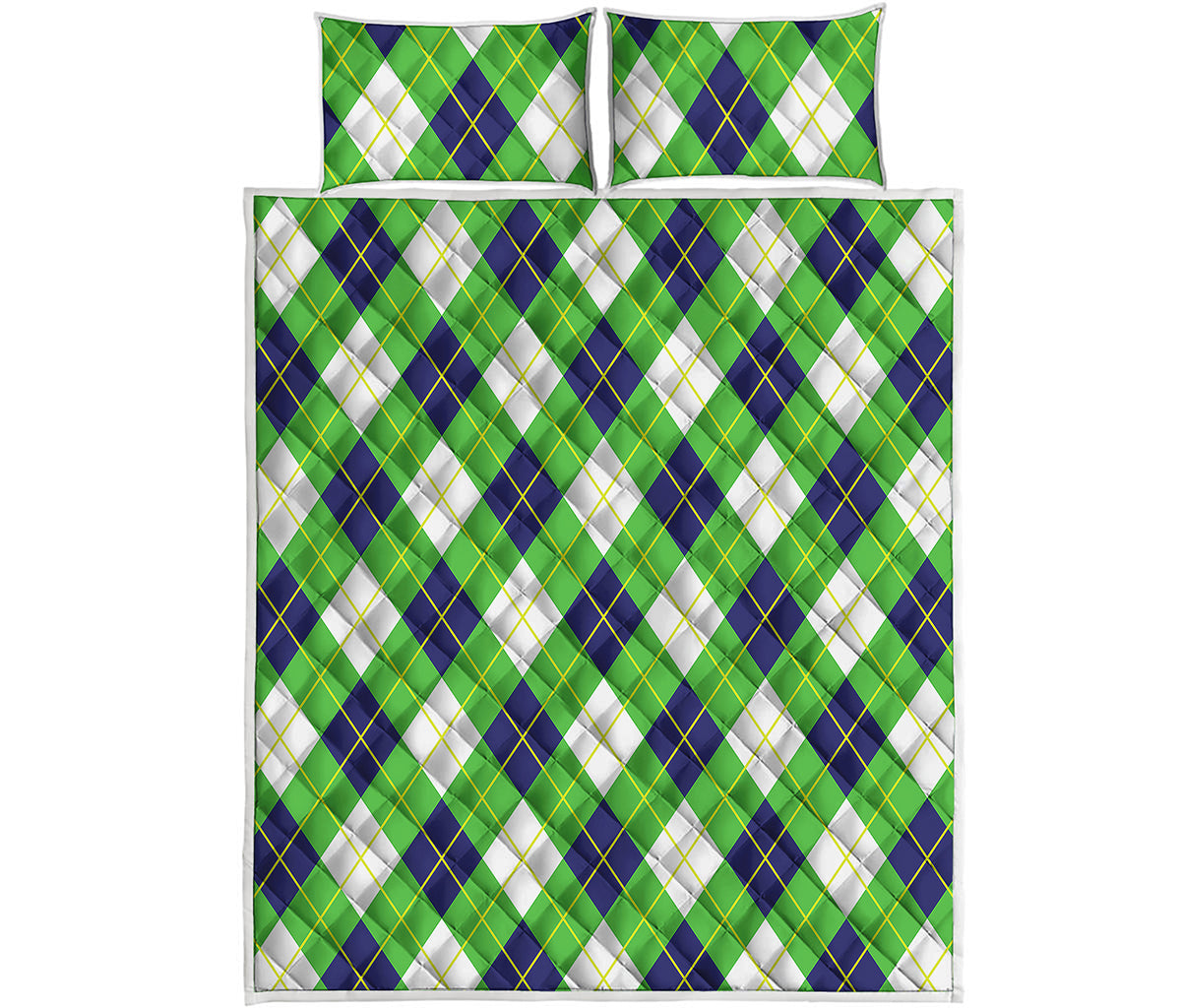 Green Navy And White Argyle Print Quilt Bed Set