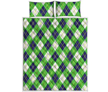 Green Navy And White Argyle Print Quilt Bed Set