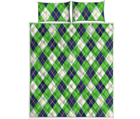 Green Navy And White Argyle Print Quilt Bed Set