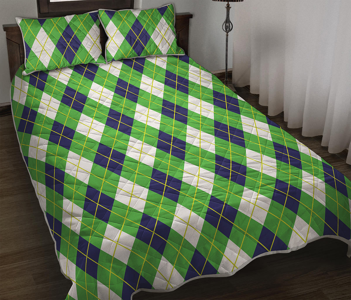 Green Navy And White Argyle Print Quilt Bed Set